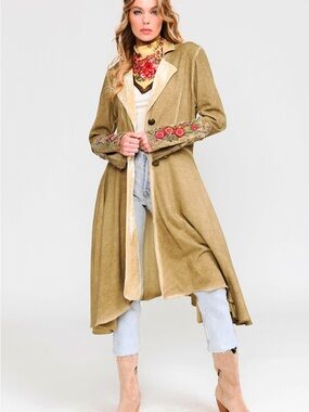 Aratta Olive Trench Coat with Rose Embroidery